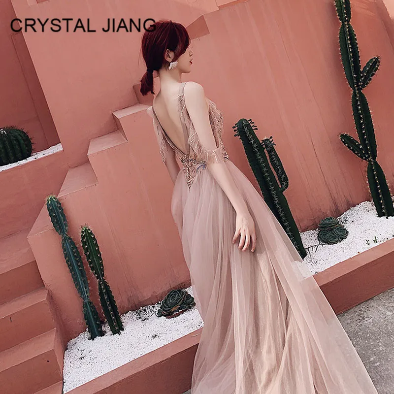 Luxury Evening Dresses Sexy Halter Crystal Beaded Custom made A Line V Back Formal Dress Evening Long Party Dresses