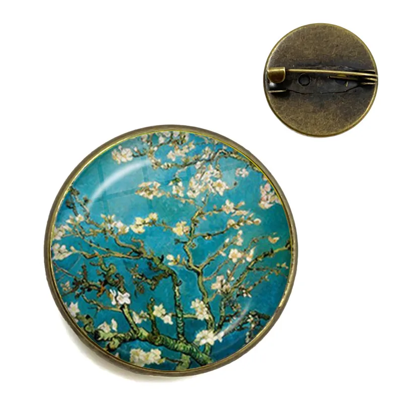 Van Gogh Sunflowers Art Vintage Bronze Brooch 20mm Glass Cabochon Dome Collar Pins Jewelry Badge For Women Men Kids Gift