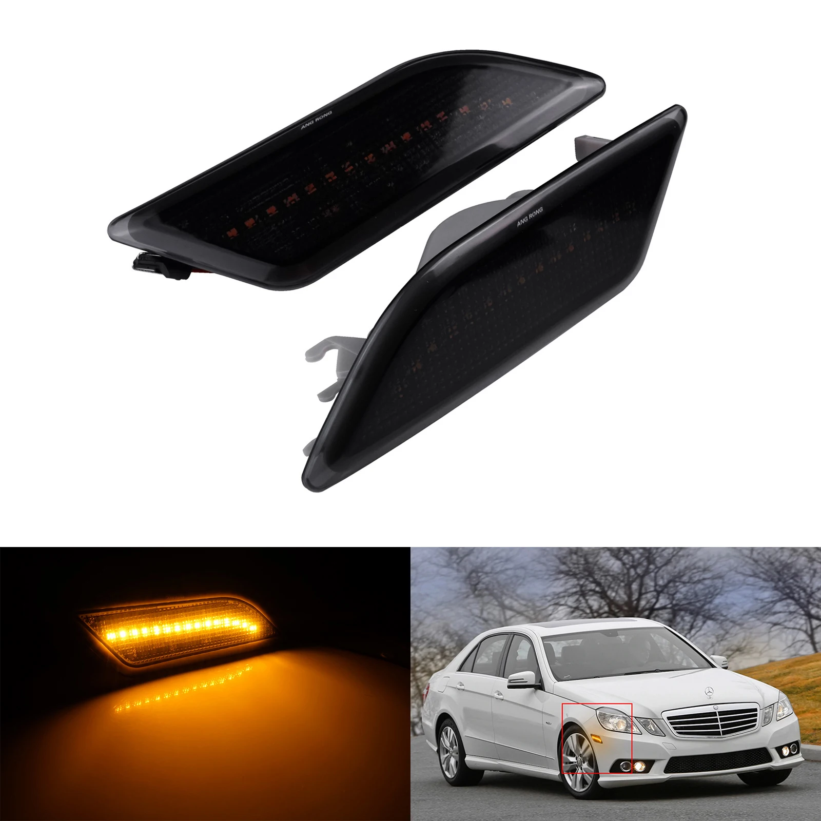 

ANGRONG 2X Amber LED Side Marker Signal Light Black Lens For Mercedes Benz W212 E300 E350 E400 E63