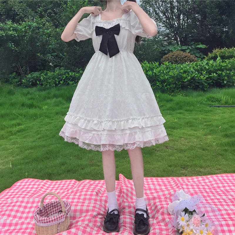 Japanese-Style Sweet Bowknot Fungus Square Collar Puff Sleeve High Waist Lolita Puff Ruffle Dress Female Summer lolita dress