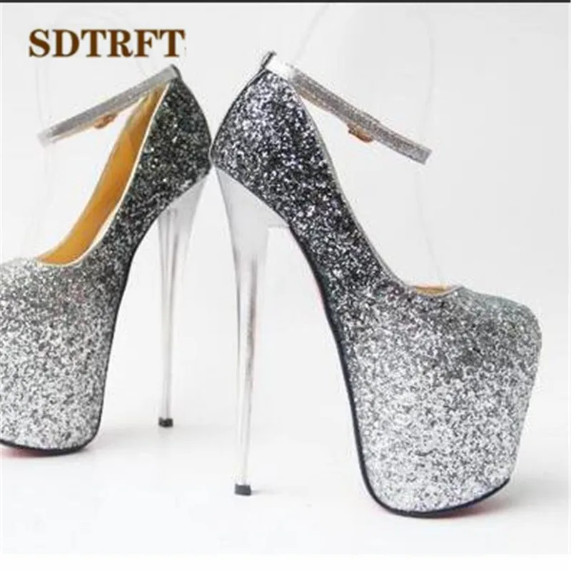 SDTRFT Gold Sliver Sequins Pumps Ladies Platform shoes woman 20cm thin heels Nighclub Ankle Strap single wedding Dance Stiletto