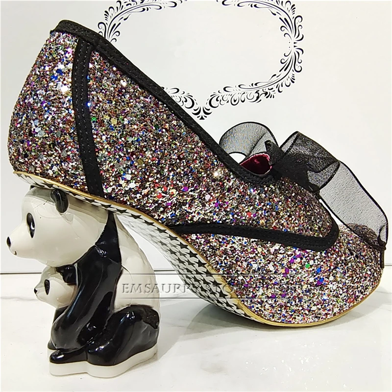 Novelty Panda-Shaped Strange Heel Banquet Shoes Woman Round Toe Platform Ribbon Lace-Up Sequins Pumps Women Spring