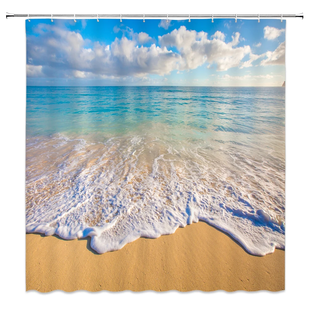 Ocean Beach Shower Curtains Set Sea Wave Summer Scenery Blue Sky Landscapes Shell Starfish Bathroom Decor Polyester Bath Curtain