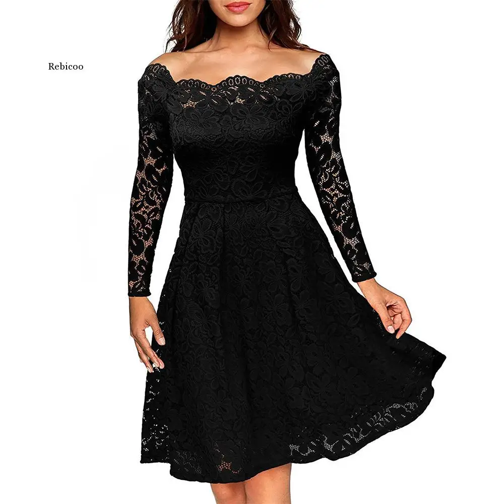 Woman Dresses Long Sleeve Slash Neck Wedding Party Wear Casual A-line Sexy Red Black White Lace Dress  S-3XL