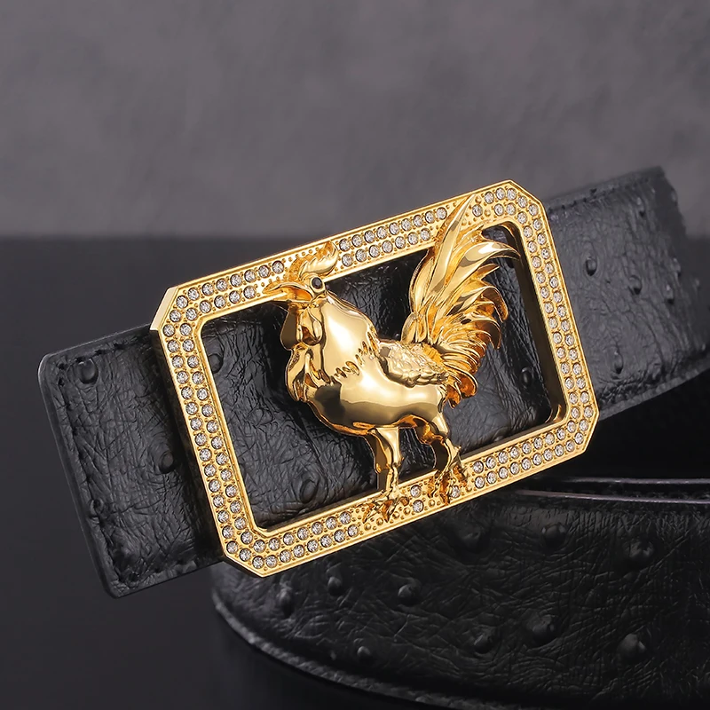 

High grade rooster copper buckles marque leather designers fashion fancy black belts male jeans casual cinto masculino