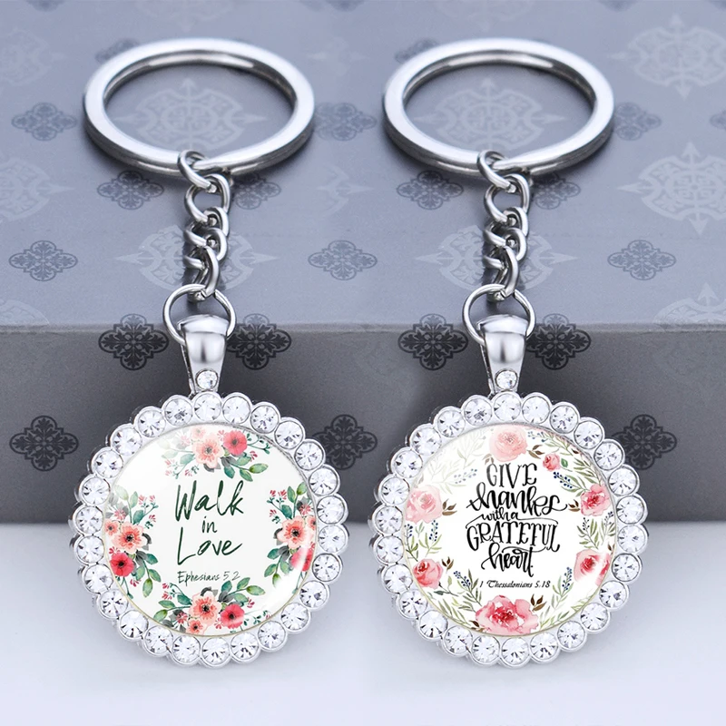 Bible Verse Keychain Walk In Love Glass Cabochon Rhinestone Pendant Scripture Religious Jewelry Jesus God Keyring