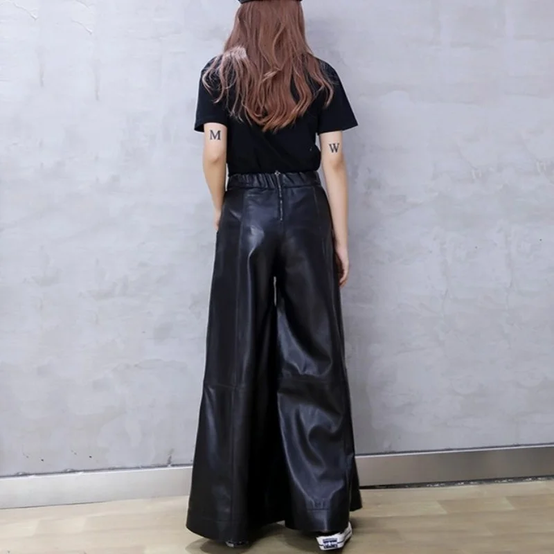 Genuine Brand Leather Wide Leg Pants Women Street Elastic Waist Zipper Casual Flare Pants Sheepskin Loose Trousers Female S-3XL