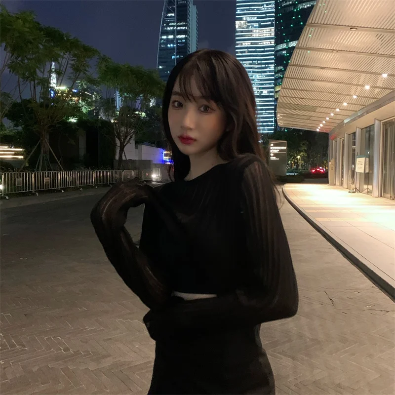 Summer Women See-through Long-sleeved Sunscreen Tshirt Long Sleeve Streetwear Autumn Tee Tops Black Sweaters