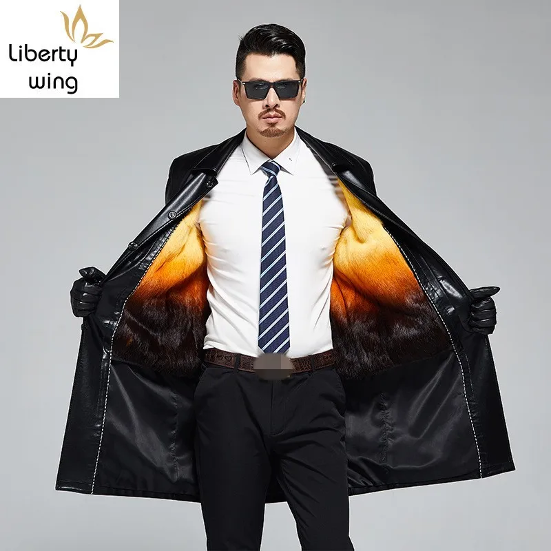 

High Quality Men Leather Windbreaker Brand Winter Warm Fur Collar Long Male Business Single Breasted Casual Trench Coat