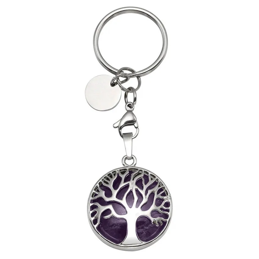 Lobster Clasp Circle Silver Plated Tree of Life Round Key Chain Many Color Quartz Stone Plant Jewelry