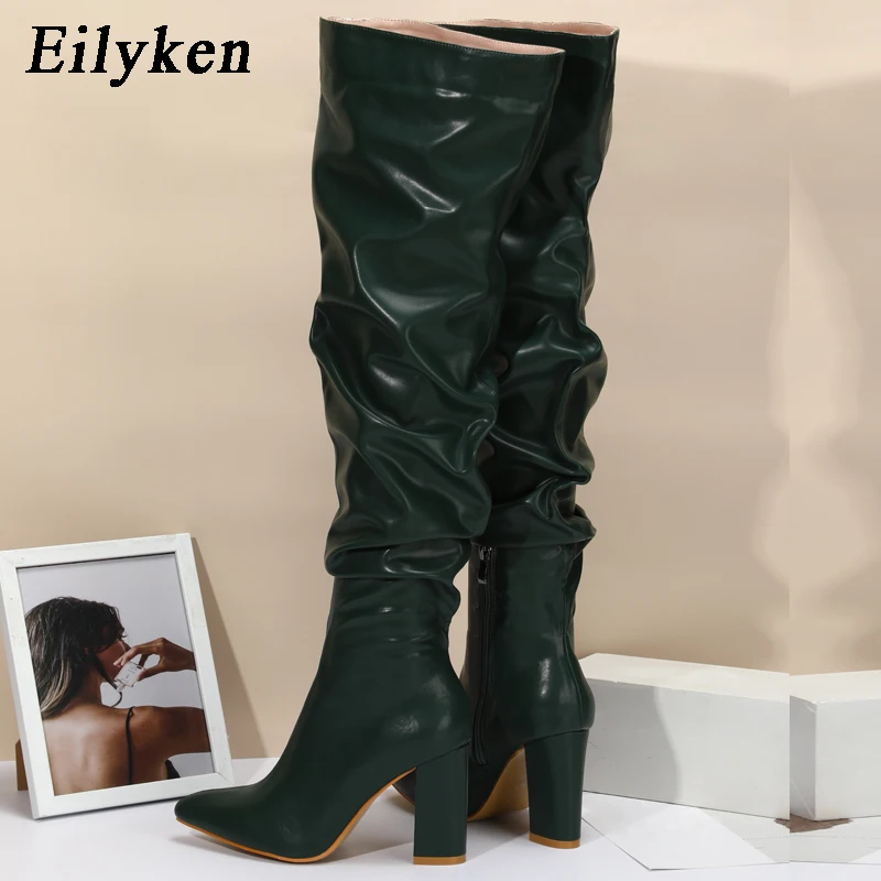 Eilyken Fashion White Pleated Women Over-the-Knee Boots Sexy Pointed Toe Square Heels Ladies Long Zipper Female Shoes