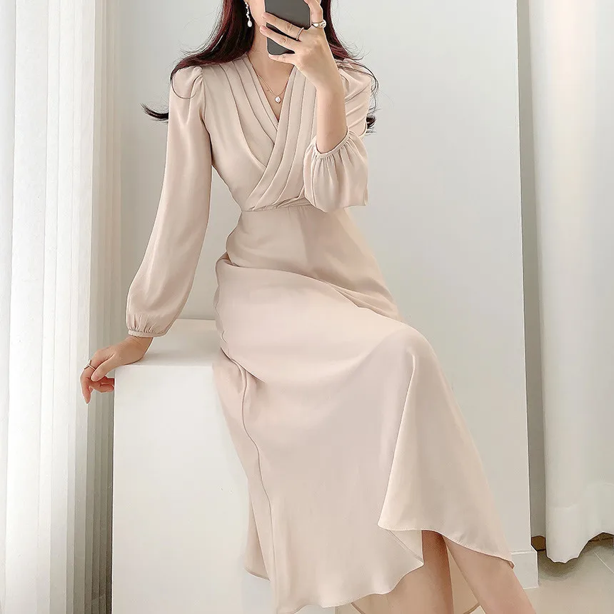 Elegant V-Neck Women Chiffon Dress 2024 New Spring Long Sleeve Tea-Length Solid Color Dresses OL Female Robe Vestido