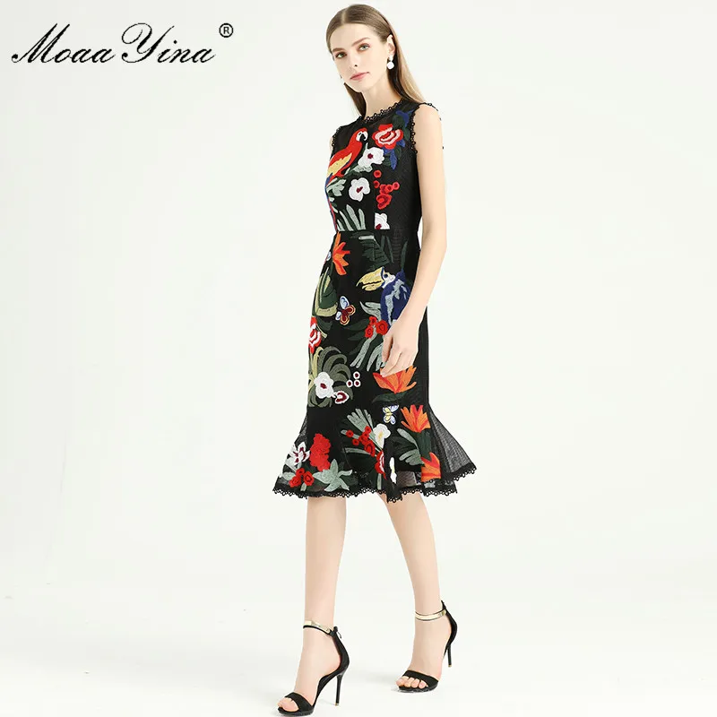 MoaaYina Mode Designer kleid Frühling Sommer frauen Kleid Green leaf Blumen Schmetterling Papagei Stickerei Meerjungfrau Kleider