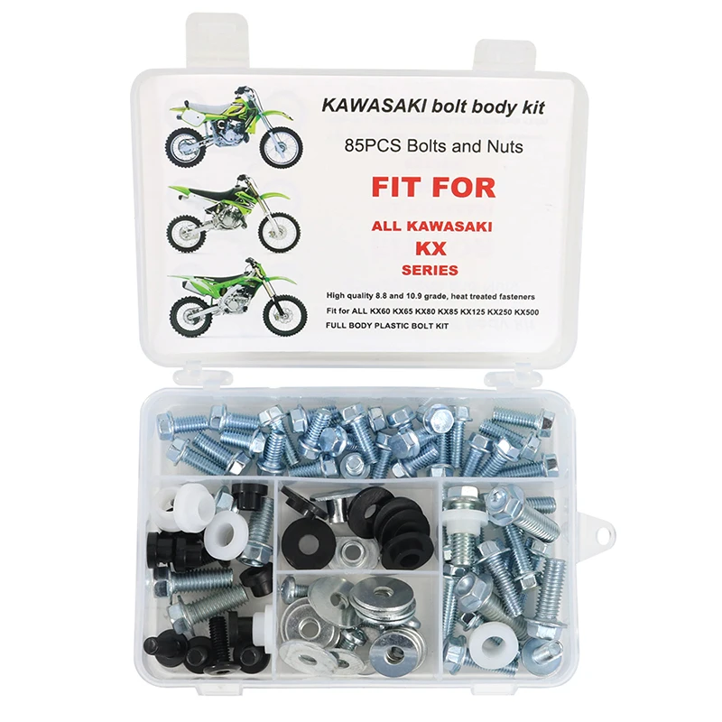 Pasuje do wszystkich modeli Kawasaki KX KXF KLX KDX KX60 KX65 80 85 125 250 KD80 Kompletny zestaw śrub do błotników z plastikową ramą Zestaw owiewek