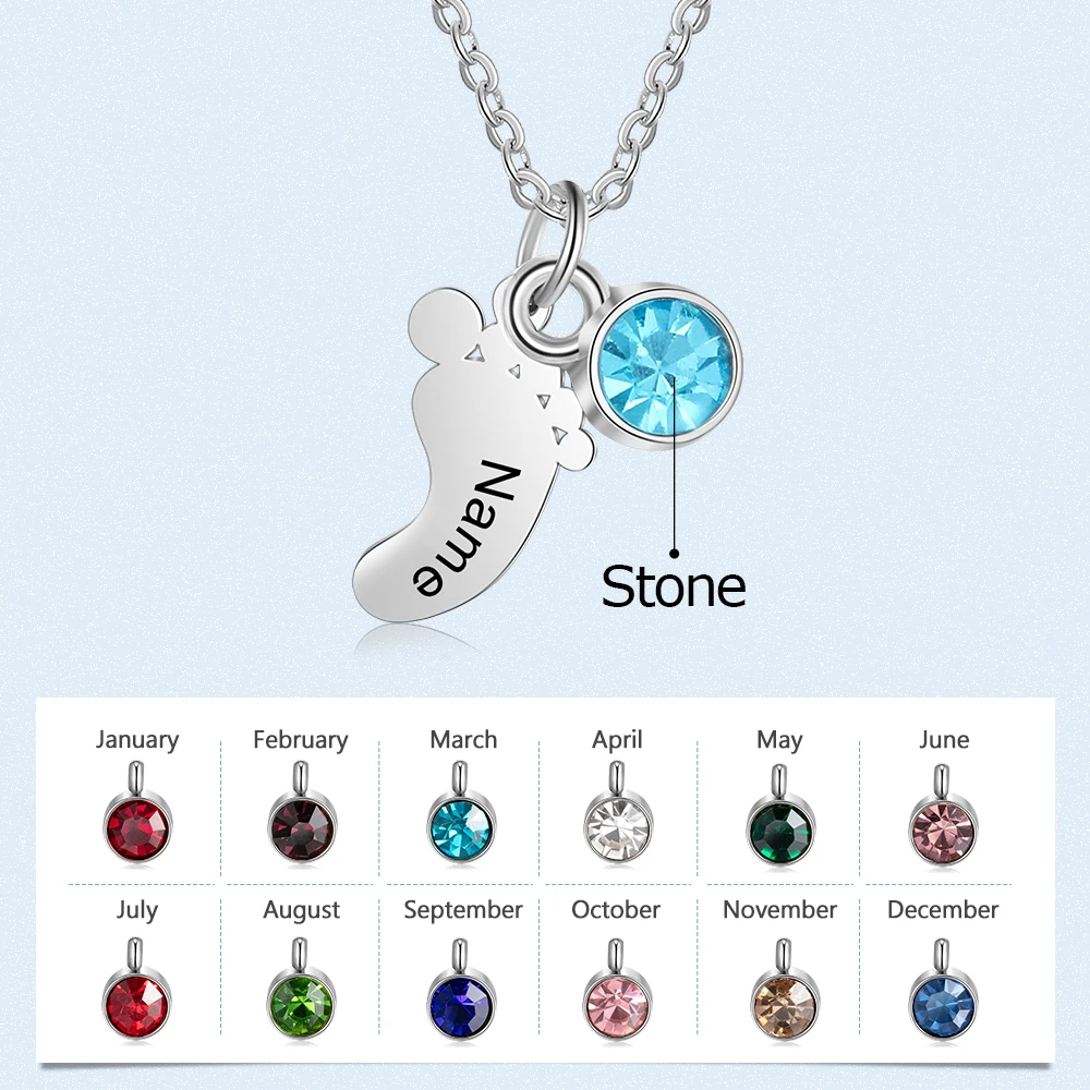 JewelOra Personalized Name Cute Baby Feet Pendant Necklaces Custom Birthstone Children Engraved Necklace Birthday Gift for Kids