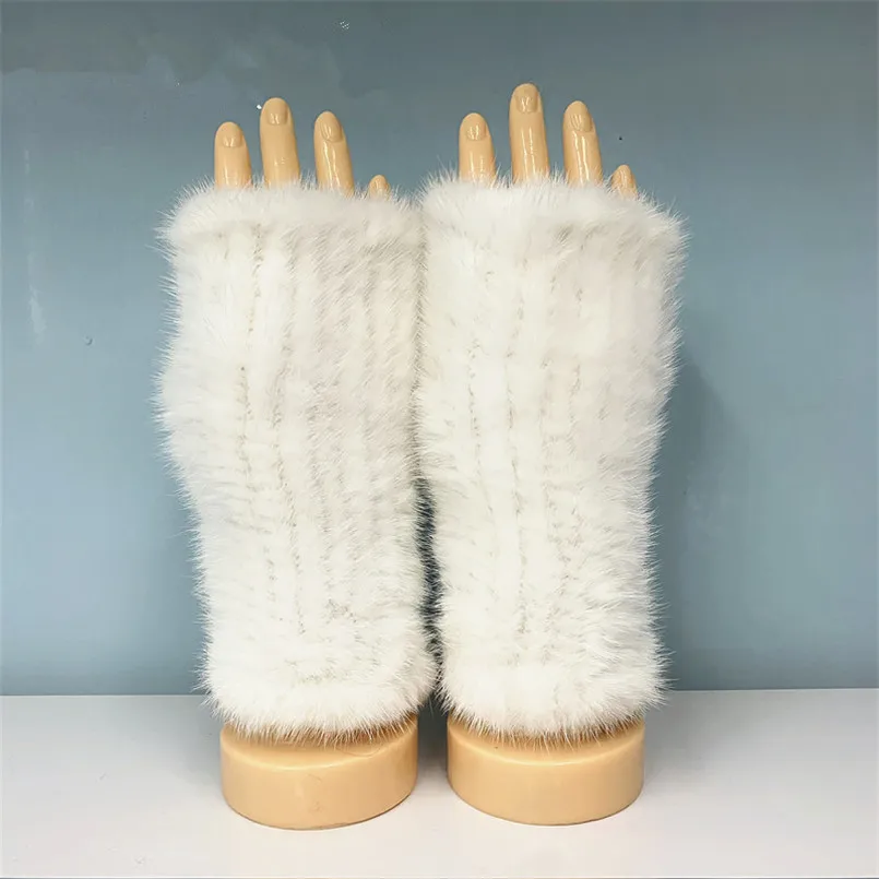 Real Mink Fur Gloves Girls Knitted Fingerless Mittens Elastic Spandex Fluffy Weave Winter Luxury Handwarmer