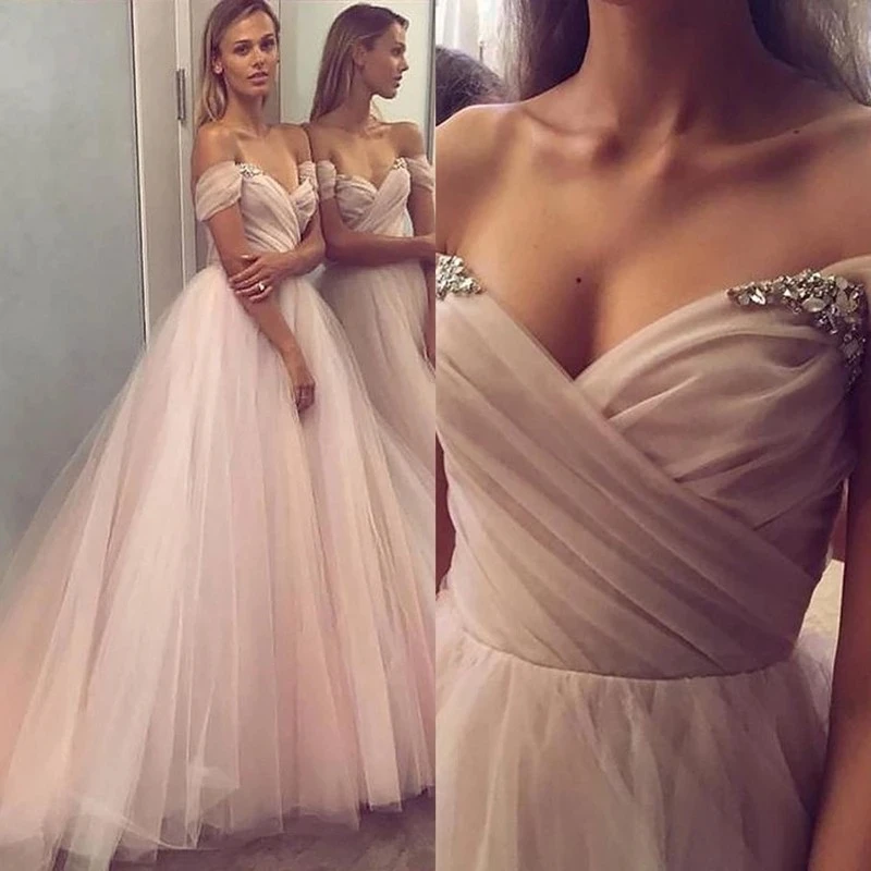 

ANGELSBRIDEP V-Neck Long Evening Party Gowns Abendkleider Formal Off-Shoulder Floor-Length Tulle Wedding Prom Dress Hot