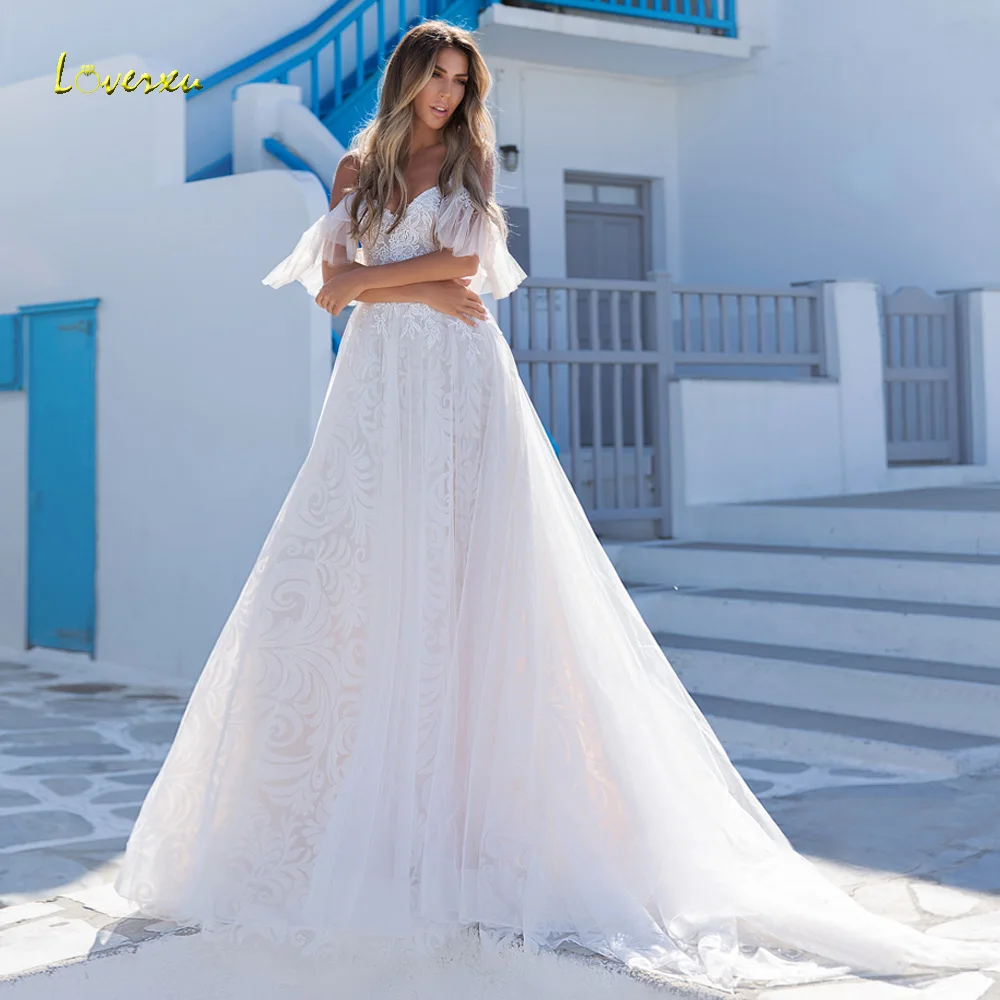 

Loverxu Beach 2024 Wedding Dresses Sweetheart Ruffles Off The Shoulder Robe De Mariee Lace Applique A-Line Boho Vestido De Novia