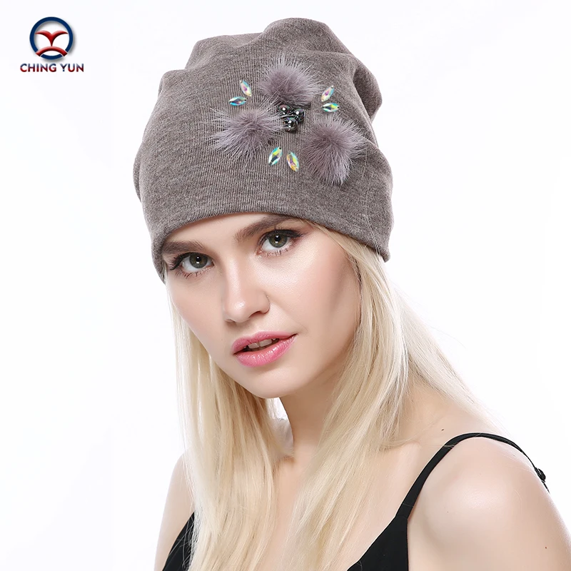 CHINGYUN 2019new Cashmere knit hat soft Winter Warm High Quality Female Solid Color Knitted Hat exquisite real plush decoration