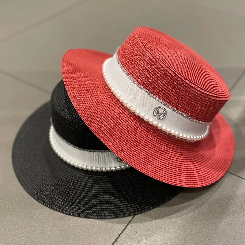 High Quality Summer Elegant Retro Women Flat Top Straw Hat Leisure Wide Brim Sun Hats M Letter Pearl Breathable Travel Beach Cap