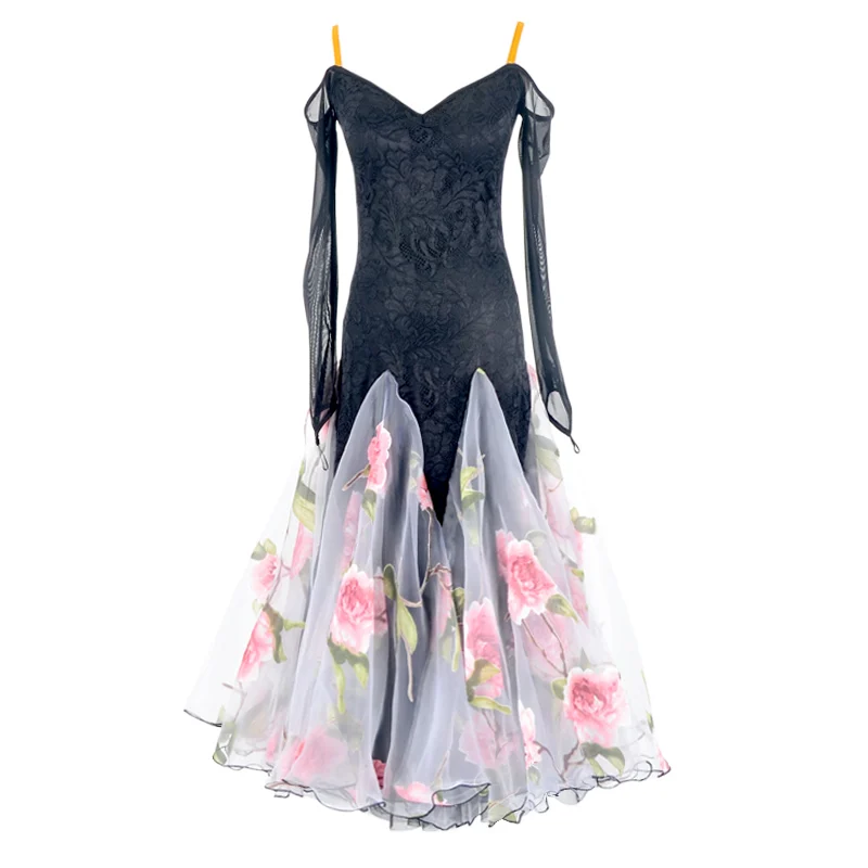 Vestido de salón de baile estándar, traje de Drag Queen, encaje negro, bordado de flores, falda de gasa, flamenco, Tango, Vals, 2020