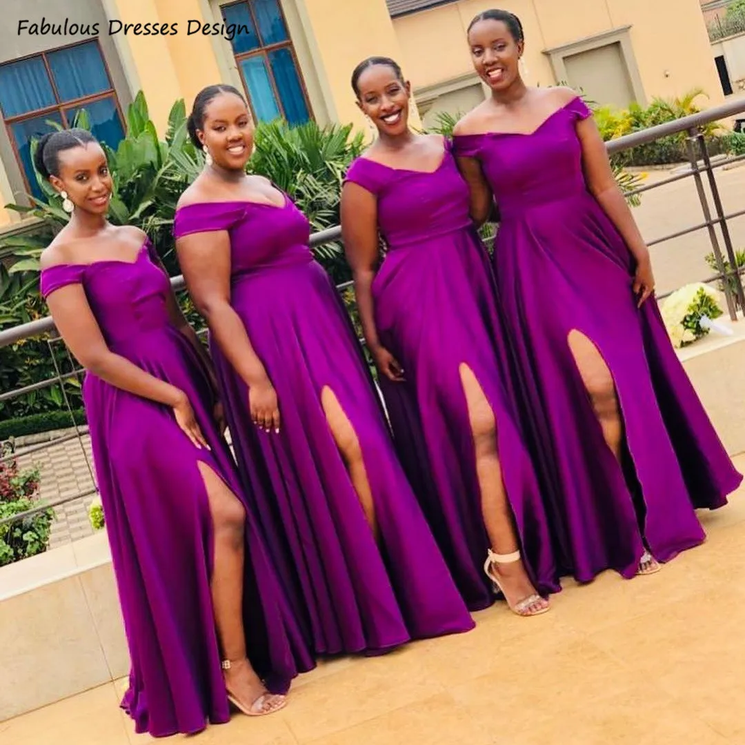 

Simple Purple A-line Satin Bridesmaid Dresses Long Off Shoulder Maid Of Honor Dress V-neck With Split Wedding Party Dress