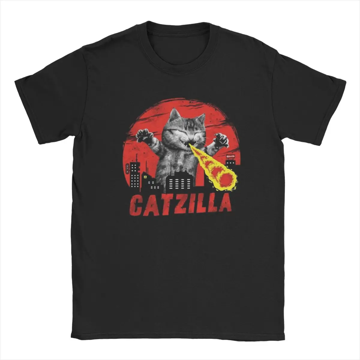 Catzilla Monster Cat Men T Shirt Japanese Kitten Lover Novelty Tees Short Sleeve Crew Neck T-Shirts Cotton Printed Tops