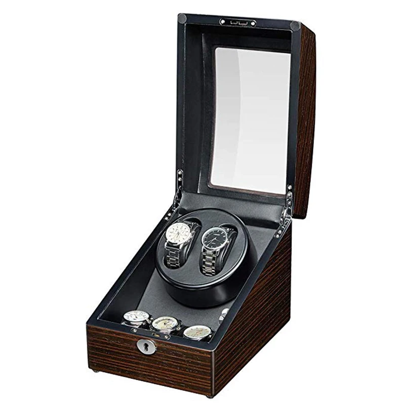 JQUEEN Ebony Solid Wood Automatic Double Watch Winder with 3 Storage Box Case Quiet Mabuchi Motor Support Battery With Key