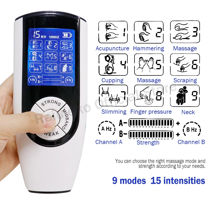 9 Modes Tens Machine with 4 Electrode Pads for Pain Relief Pulse Massage EMS Muscle Stimulation Fisioterapia Tens Dual Channel