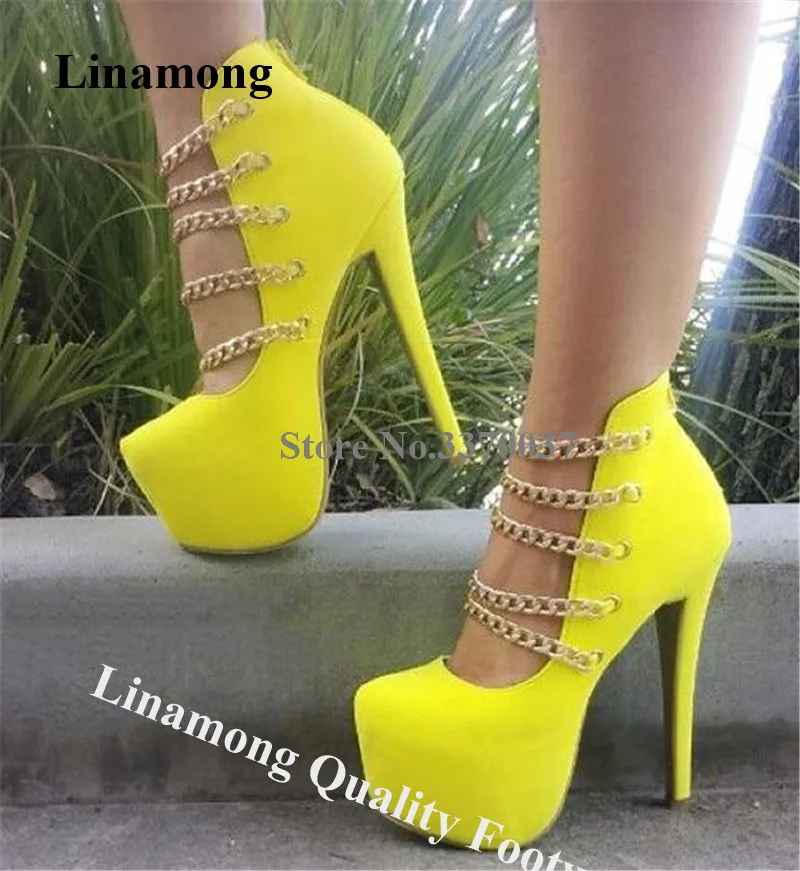 

Linamong Charming Round Toe Suede Leather High Platform Gold Chains Cross Stiletto Heel Pumps Super High Yellow High Heels Shoes