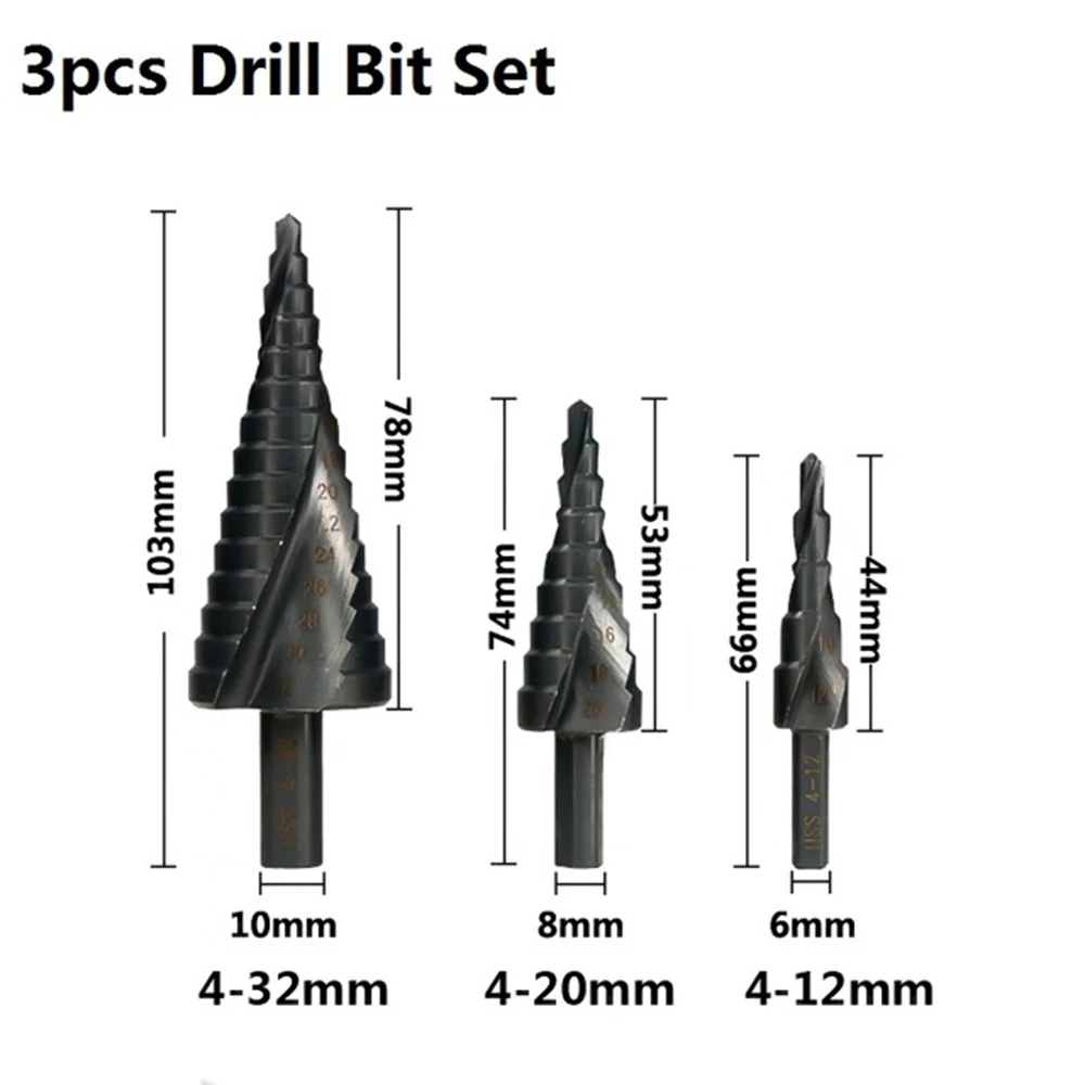 

HSS Step Drill Bit Set 4-12/20-32mm Nirtird Coated Spiral Groove Wood Metal Hole Cutter Cone