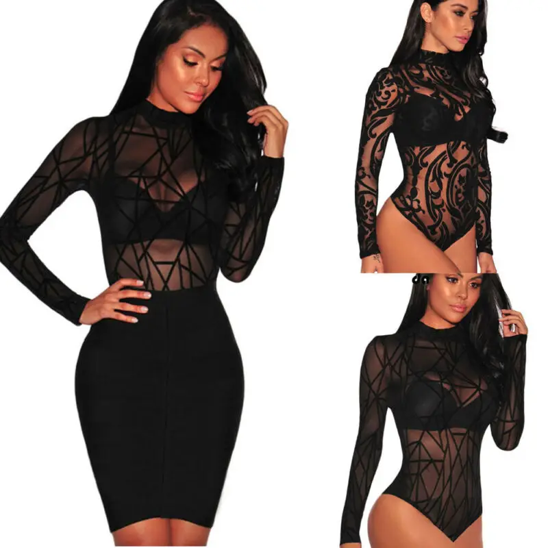 Sexy Women Lace See Through Slim Bodysuit Sheer Mesh Turtleneck Long Sleeve Leotard Printing Jumpsuit Tight Stripe Top Casual