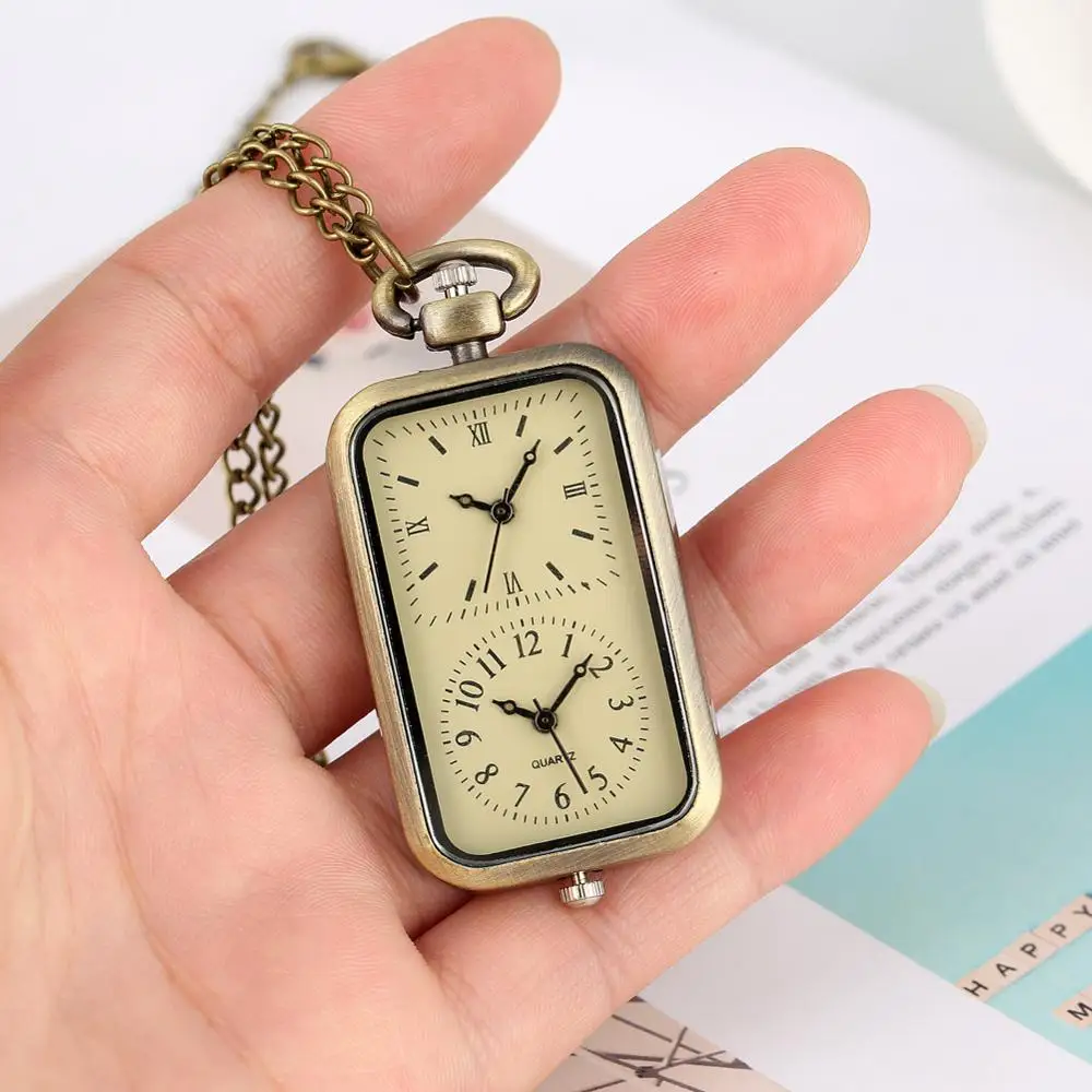 Bronze Dual Double Time Zone Rectangle Pocket Watch Quartz Movement Car T-shirt Key Lock Cross Women Ladies Dress Necklace Gifts