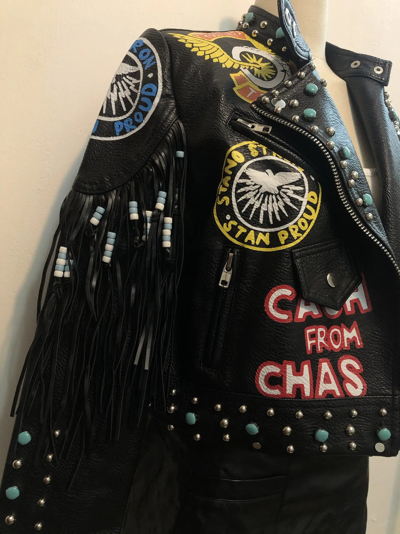 Rivet beading leather jacket Locomotive graffiti cartoon pu Leather Jacket female Punk tassel stitching Motorcyle Jackets F2095