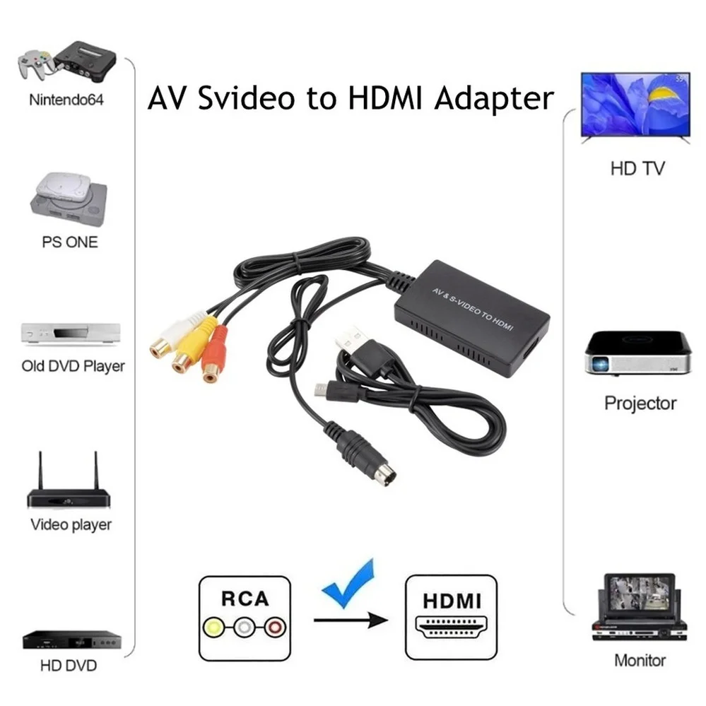 PzzPss RCA /AV SVIDEO na HDMI kompatybilny Adapter do DVD HD TV STB kompatybilny z PS2/PS3,720P /1080P AV s-video konwerter wideo