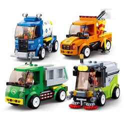 City Town Building Block City Great Vehicles Municipal Car Garbage Truck Light Repair Truck Road Sweeper Sprinkler Bricks Toy