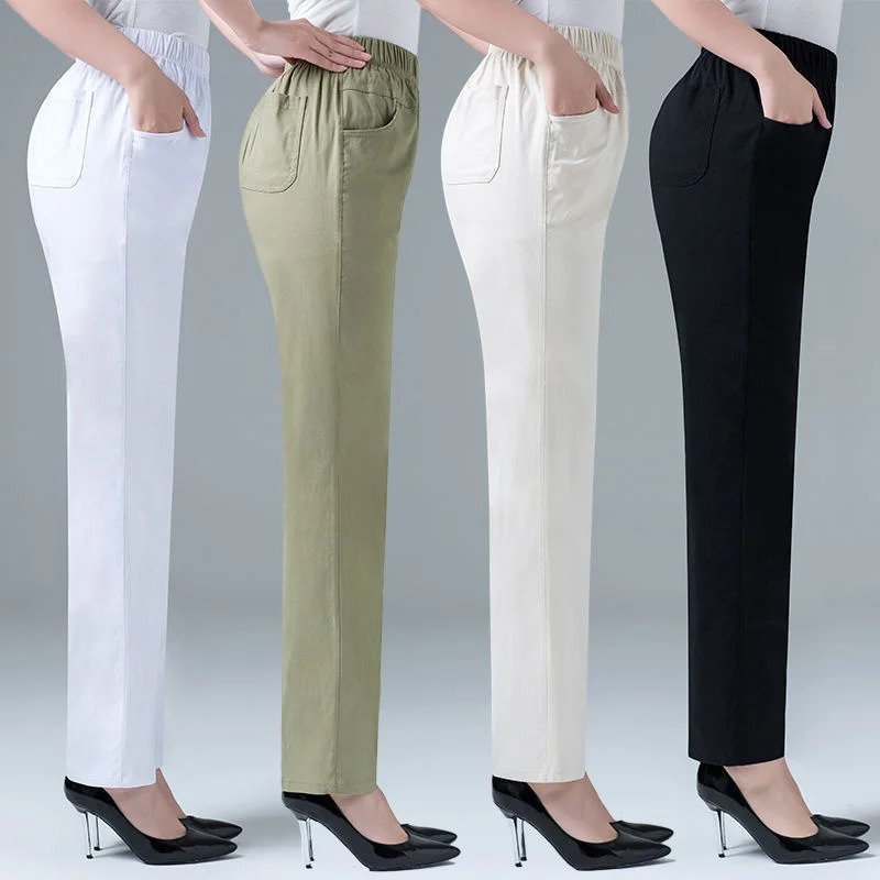 Spring Summer Women Trousers 2022 New Fashion Solid Elastic High Waist Casual Pants Middle-aged Elderly Female Straight Pants