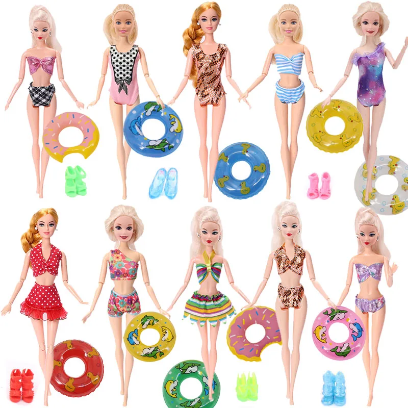 

FreeShiping 2Pcs=1xDoll Swimwear Beach Bathing Clothes Bikinis Swimsuit+1xSwimming Buoy Lifebelt Ring For Barbies Doll Girl Toy