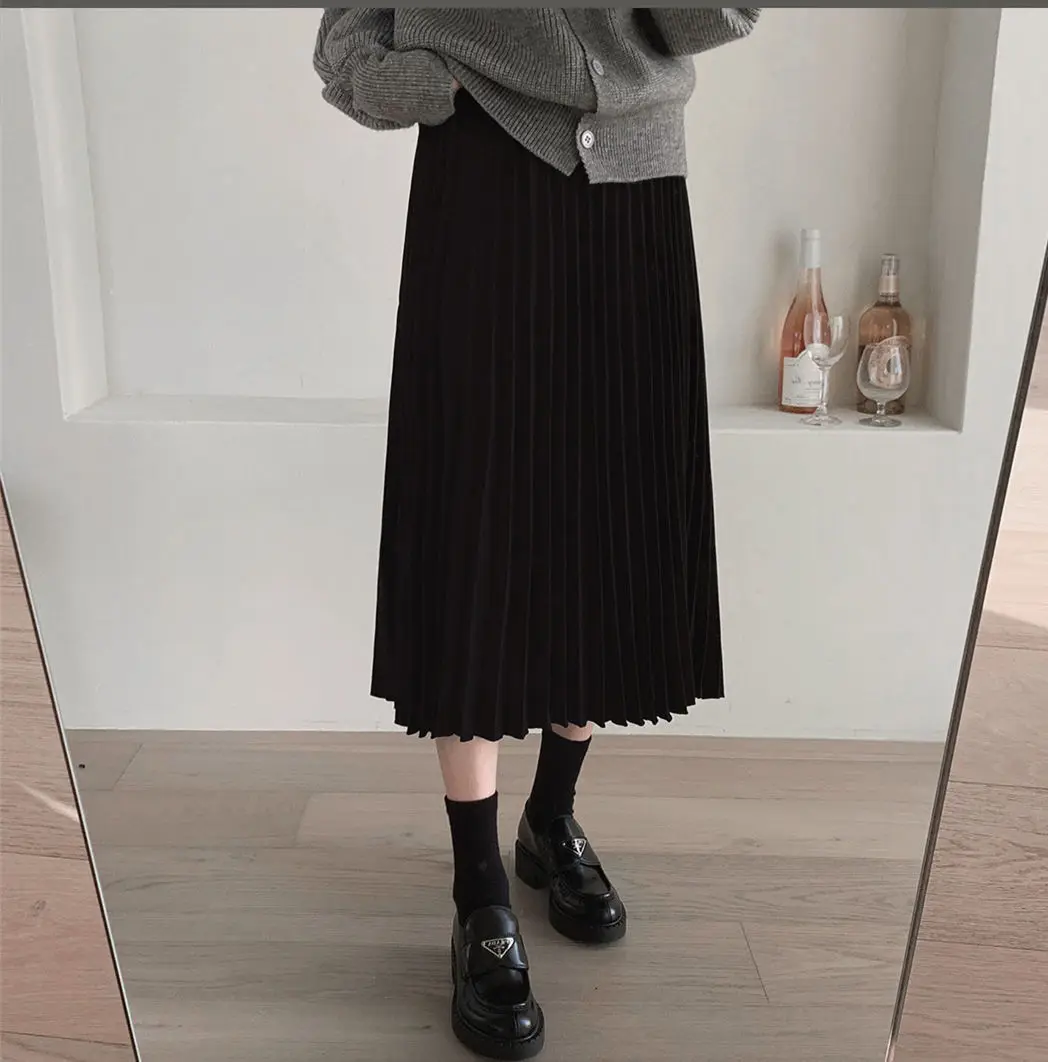 new A Line solid Women Skirts Pleated new Mi-long New Skirt Female Vintage Suede Skirts Jupe Femme Faldas Mujer