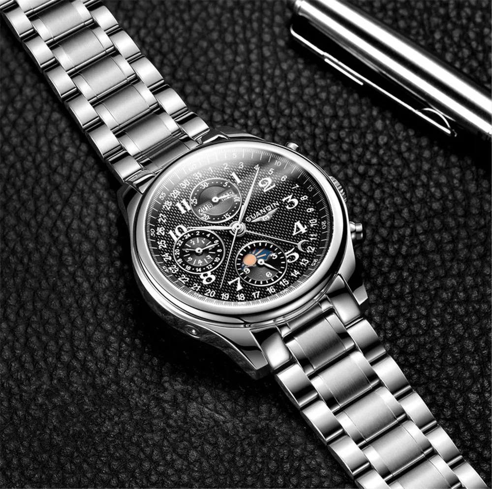 GUANQIN Leather Mechanical Sapphire Men Watches Top Brand Luxury Waterproof Automatic Wristwatch Calendar Moon Relogio Masculino