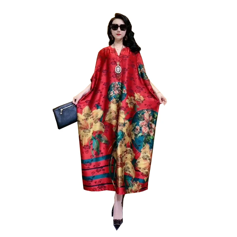 Summer Retro Printed Dresses Female Fashion Loose Big Version Mother Dress Women Overcoat V-Neck Bat Sleeve Long Dresses Lady