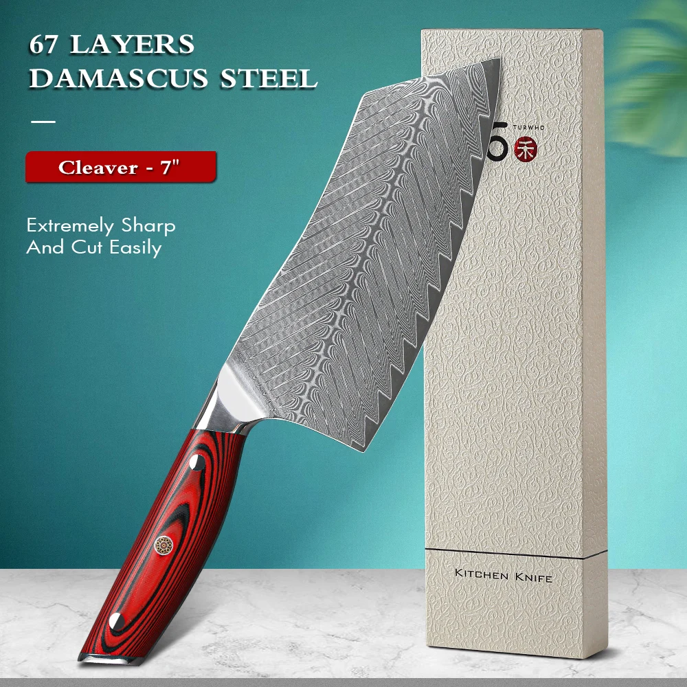 

TURWHO 7'' Butcher Knife 67 layers Damascus Steel Chop Chinese Cleaver Slicing Kitchen Knife Cooking Tools G10 Handle