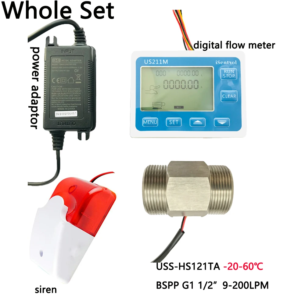 

US211MA Water Flow Meter Totalizer Alarmer and Stainless Steel USS-HS121TA Flow Senor Turbine flowmeter G1-1/2“" BSPP SUS304