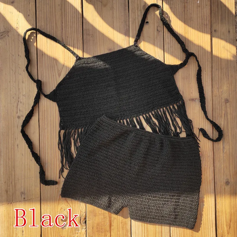 New Crochet 2PCS/SET beach cover up sexy knitted tassel women crop top+ shorts Bikini swimsuit swimwear bathing suit cover ups