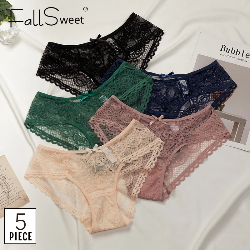 

FallSweet 5 pcs/lot Lace Panties Mid Waist Sexy Lingerie Female Transparent Underwear Women Briefs