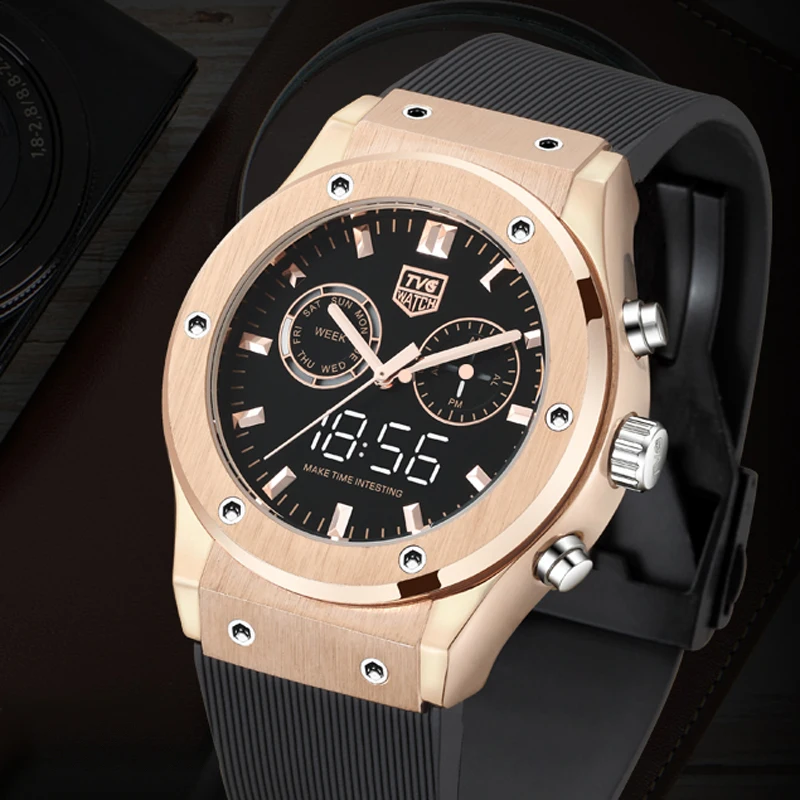 2021 TVG Top Brand Luxury Rose Gold Watches Men Sports Watches Dual Display Quartz Wristwatches Multifunction Clock Reloj Hombre