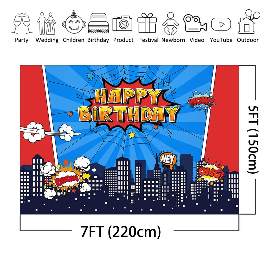 Fondo de superhéroe Mocsicka para decoraciones de fiesta de cumpleaños, edificio urbano, fiesta temática de superhéroe, fondo fotográfico para sesión de fotos