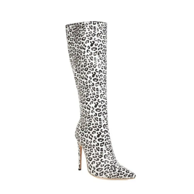 ZawsThia Sexy Super Thin High Heels Stripper Club Stilettos Booties Pointed Toe Leopard Design Women Knee High Boots Size 45 46