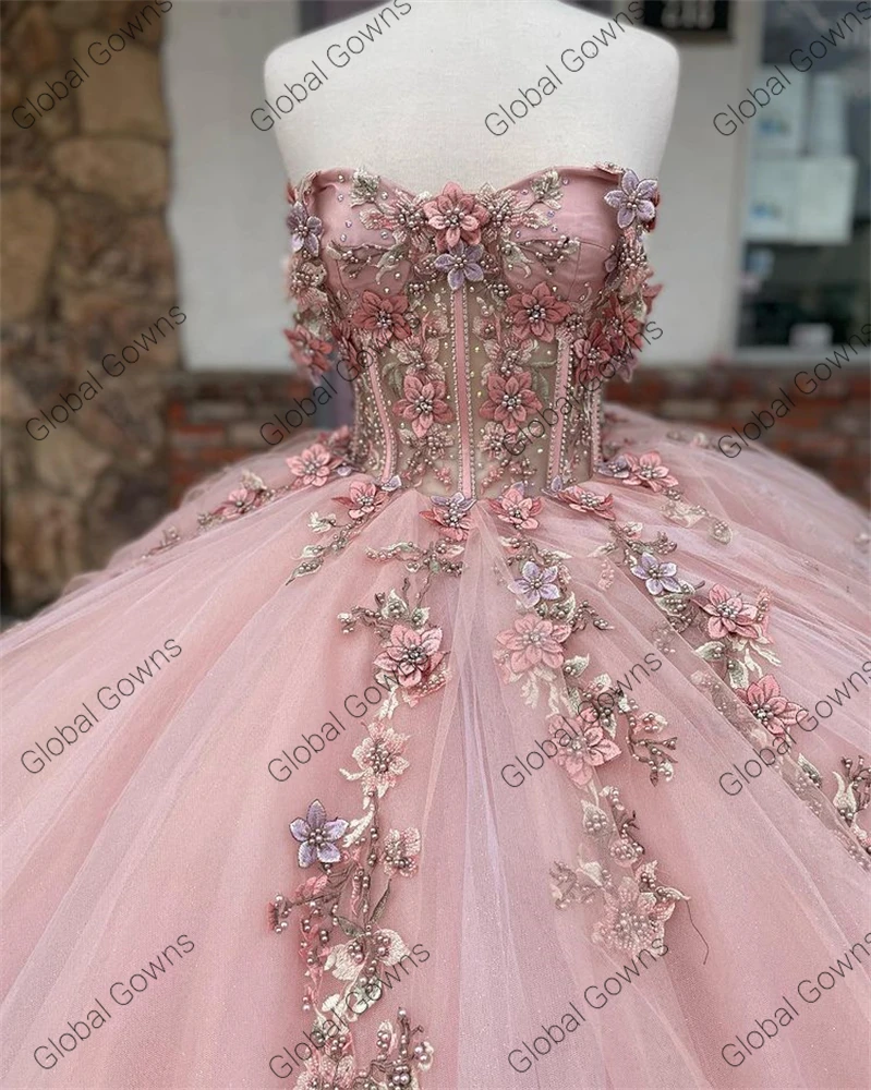 Vestido de baile de quinceañera con corsé y escote corazón rosa, vestidos de quinceañera con cuentas 3D de flores, vestidos formales de graduación con cordones de princesa dulce 15 16