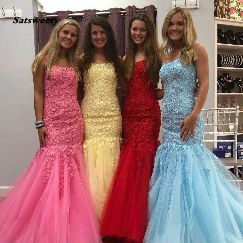 

Mermaid Prom Dresses Light Sky Blue Lace Pageant Gowns Yellow Red Lilac Lace Up Back Formal Event Wear Spaghetti Neckline